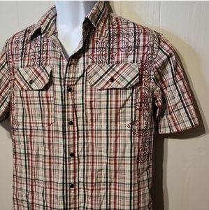 Irreverent Plaid Shirt Button Front Short‎ Sleeve Hipster Western Small A834